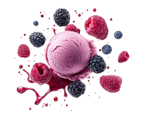 A vibrant scoop of berry ice cream surrounded by fresh raspberries, blackberries, and blueberries, isolated on transparent background, with a splash of berry sauce