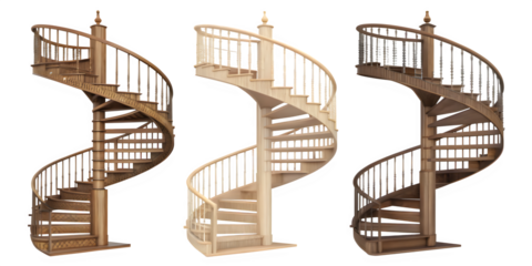 Three wooden spiral staircases against a black background