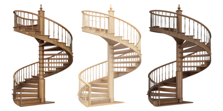 Three wooden spiral staircases against a black background