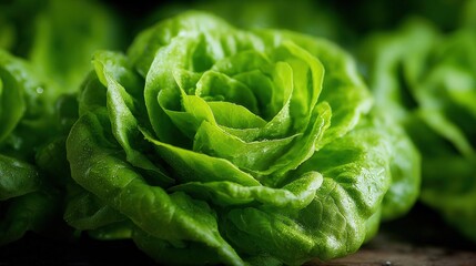 Obraz premium Fresh Green Butter Lettuce Head Close-Up Showing Crisp Leaves and Natural Texture for Healthy Food and Vegetable Images