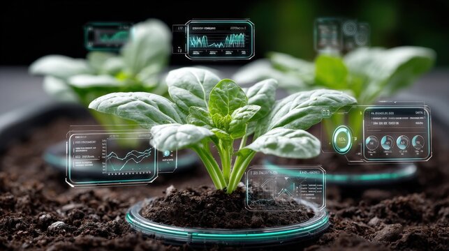 Young leafy green plant growing in dark soil surrounded by futuristic digital tablet interfaces and holographic pandemic monito graphs - Powered by Adobe