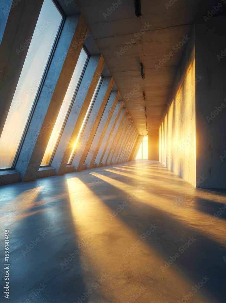 Poster modern architectural corridor with angled illuminated by warm sunset light creating long shadows and