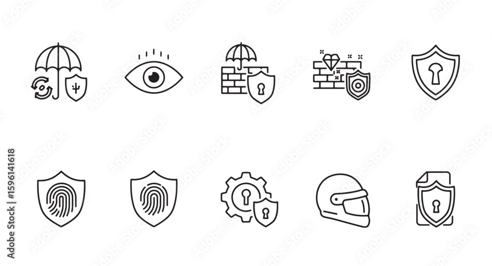 Poster collection of security protection icons in simple linear style for various concepts