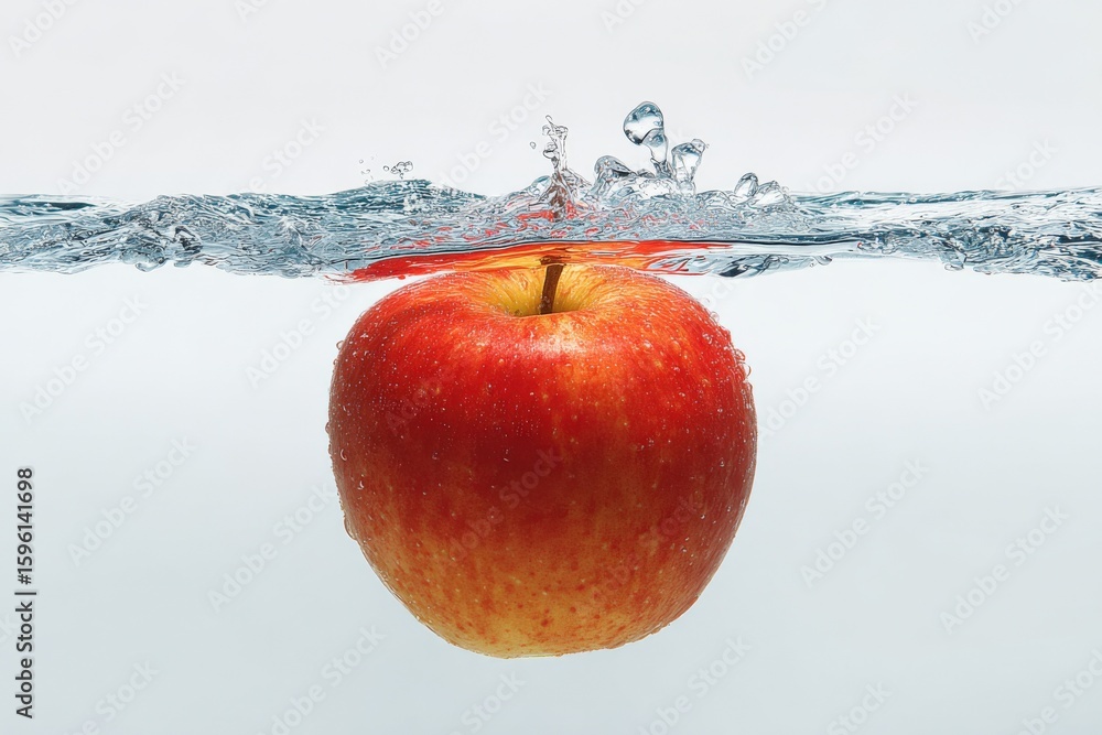 Poster fresh red falling into water creating splash and bubble effects with high speed motion and refreshin
