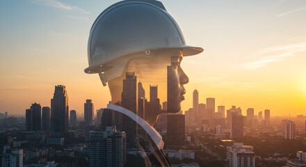 A visionary architect's silhouette, superimposed over a breathtaking cityscape at sunset, embodies urban planning and construction expertise