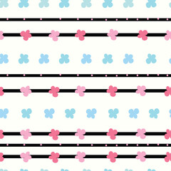 A seamless pattern featuring delicate floral stripes combined with simple polka dots on a clean white background. Good for fabric prints, gift wrap, wallpaper, scrapbook paper, fashion design.