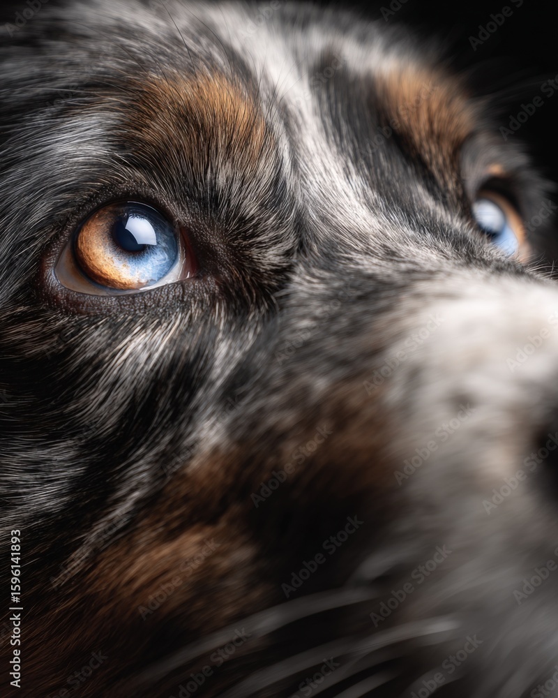 Poster close-up of a dog's expressive blue eyes showing emotion and detail with high resolution and shallow