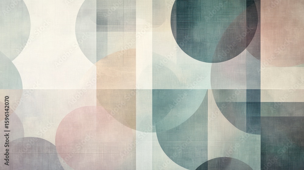 Poster abstract geometric art: overlapping circles and rectangles in muted tones
