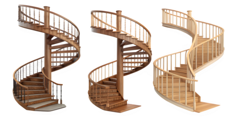 Three wooden spiral staircases with metal railings on a black background