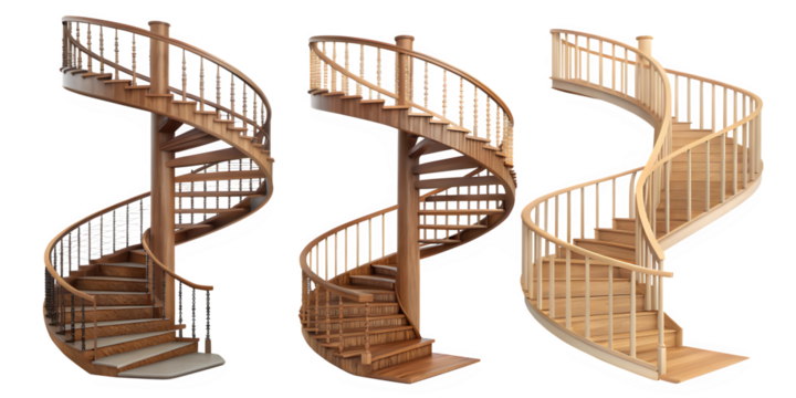 Three wooden spiral staircases with metal railings on a black background
