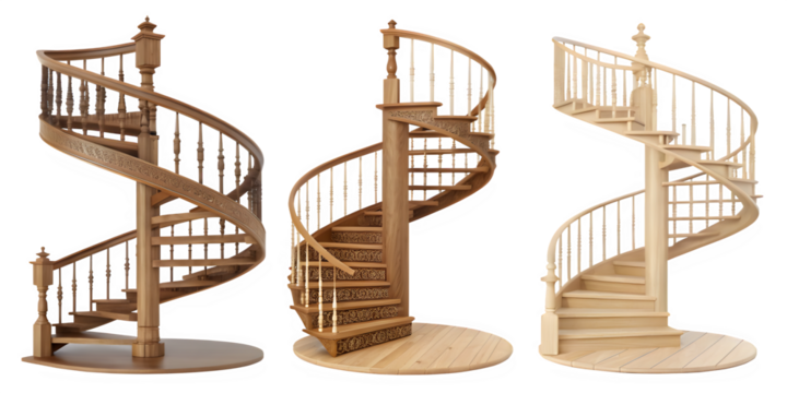 Three elegant wooden spiral staircases with white railings against a black background