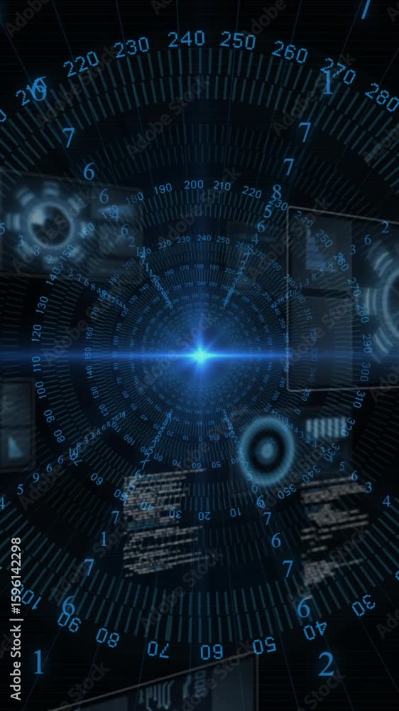 Poster animation of futuristic digital interface with rotating data in dark space