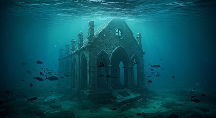 Eerie view of a sunken gothic cathedral deep underwater, an ancient architectural ruin from a forgotten civilization.