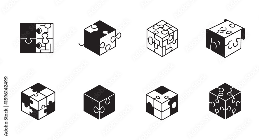 Poster Isometric puzzle cubes collection simple vector illustrations representing problem solving and solutions