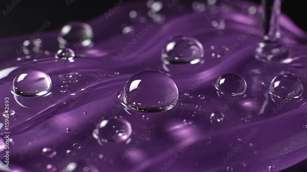 Poster purple surface with multiple water droplets of varying sizes