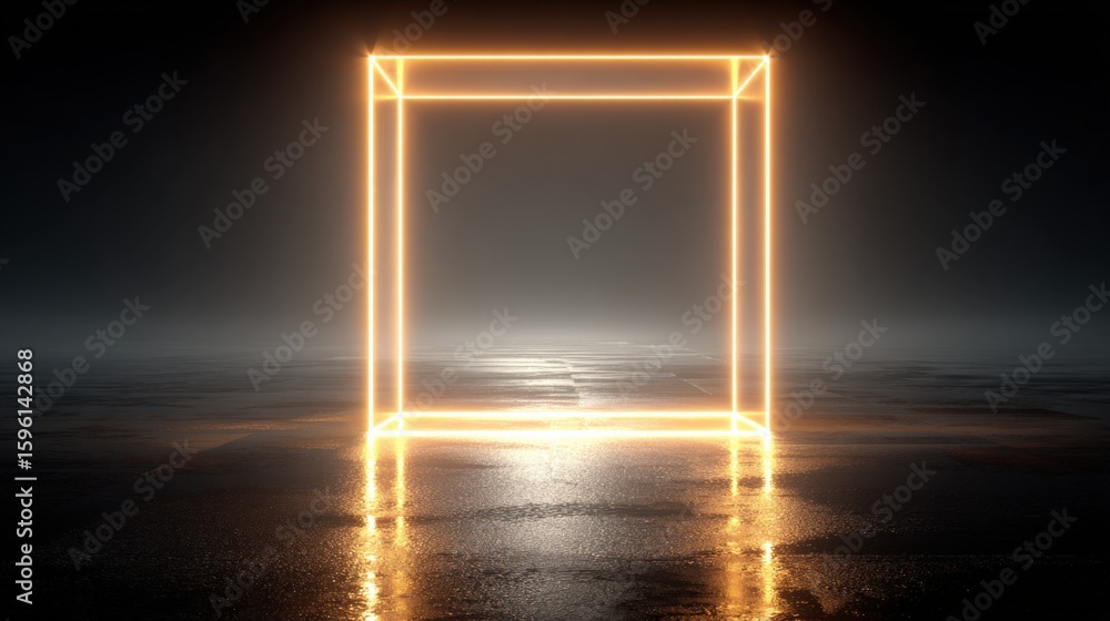Poster abstract glowing neon geometric square frame with luminous light effects reflecting on wet surface i