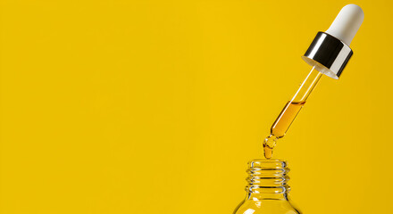 High quality amber serum drops falling into a glass bottle against a vibrant yellow background, perfect for beauty and skincare product advertising.