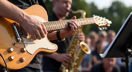 Obraz premium Talented guitarist and saxophonist performing an amazing outdoor concert for a lively crowd enjoying the summer music festival.