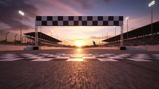 Racetrack at sunset with the finish line in view Grandstands flank the sides and lighting towers are visible