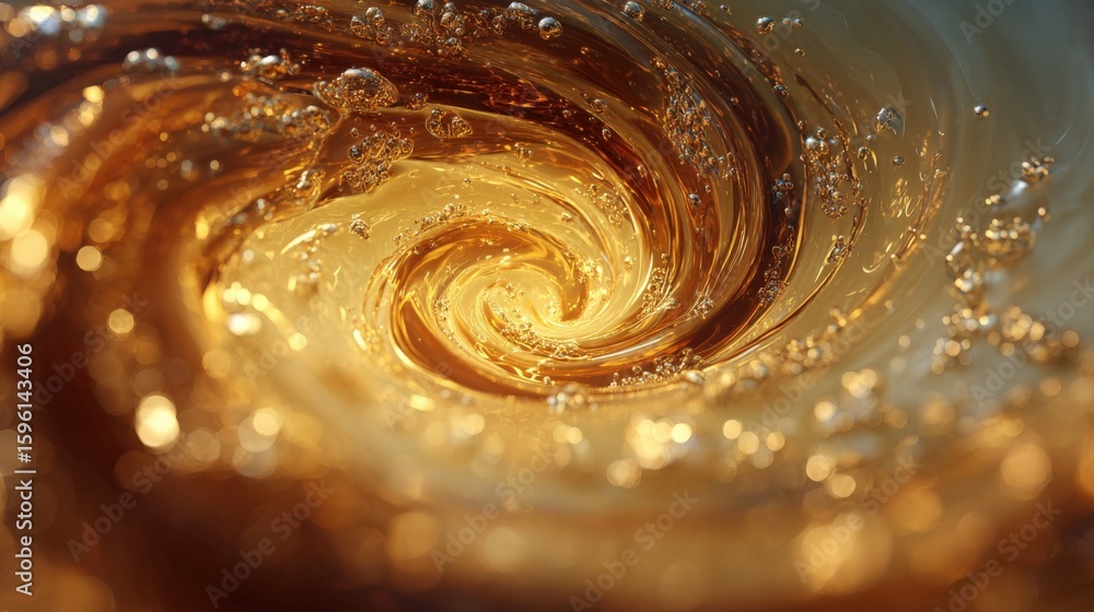 Poster abstract gold and brown swirling liquid motion with sparkling bubbles and dynamic vortex pattern for