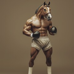 Realistic boxing animal with a full body of a strong horse dressed in boxing gear,  boxing gloves, shorts, and head guard, standing with a muted brown background. Boxing Horse Champion, pet influencer