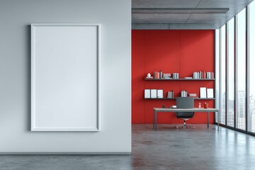 Modern Office Workspace with Red Accent Wall and Large Window Natural Light