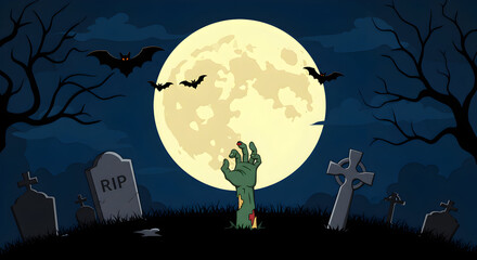 Zombie hand rising from the grave under a spooky full moon, perfect for Halloween, spooky season, or any undead themed project needing a creepy background.