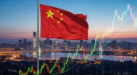 China flag with city skyline and stock market graph at dusk