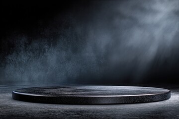 Dark, round, polished platform in a smoky, dramatic setting.