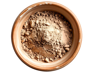 top view of dry clay powder in ceramic bowl, natural skincare ingredient isolated on transparent background

