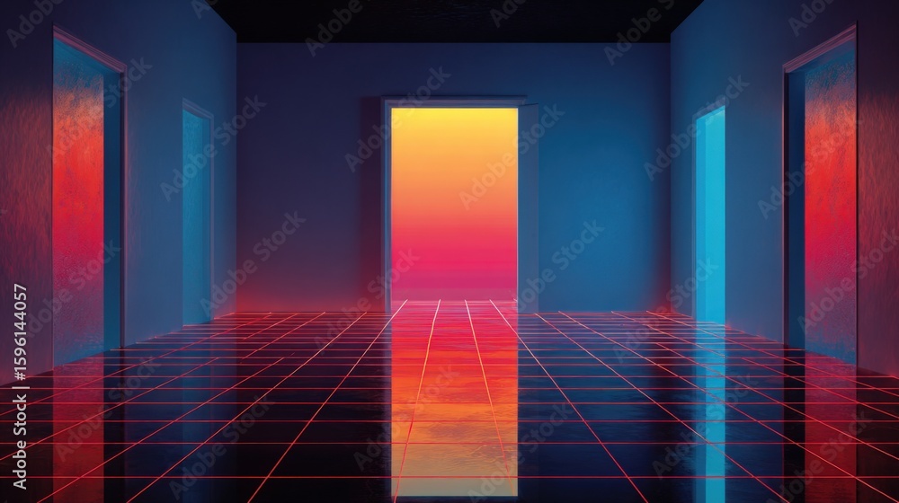 Poster futuristic digital room with neon grid floor and vibrant colorful open doorway creating a surreal re
