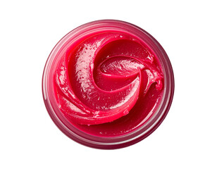 top view of glossy pink lip balm with smooth swirl texture in clear cosmetic container for skincare and beauty mockup on isolated background
