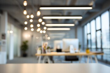 Blurred modern workspace with bright lighting and soft focus