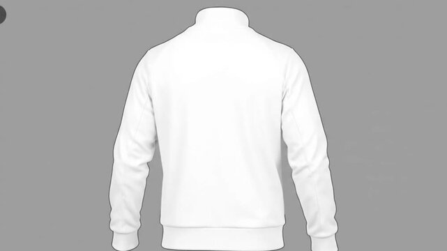 Rear view of a white longsleeved jacket with a collar set against a gray background