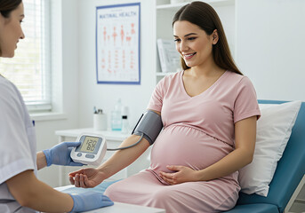 Pregnant woman smiling during blood pressure checkup at medical clinic