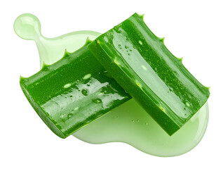 fresh aloe vera slices with dripping natural gel for skincare and beauty treatment on isolated background
