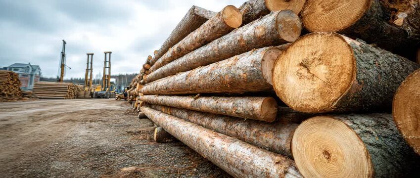 Logging timber wood company, log trunk pile, and wooden trunk pine. 