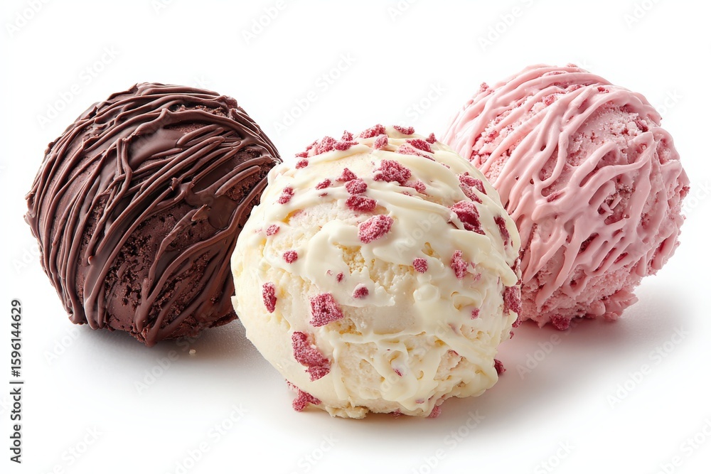 Poster assorted colorful ice cream scoops with textured surface in a close-up shot on a white background fo