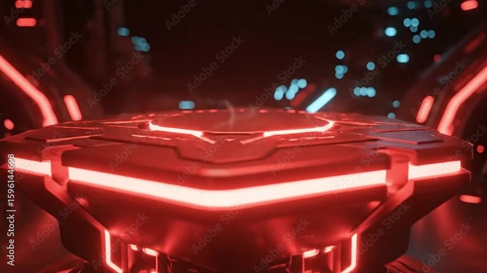 Poster red futuristic platform with glowing lights in a dark scifi setting