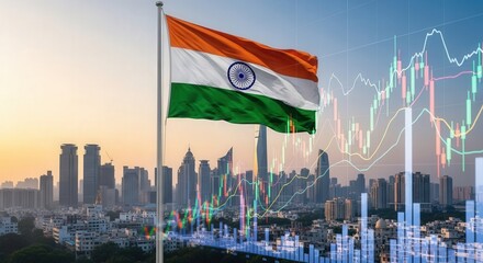 Indian flag with urban cityscape and stock market graph for economic growth concept