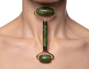 jade facial roller massaging neck and collarbone for skincare and lymphatic drainage on isolated background

