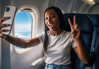 Joyful young woman taking a selfie on airplane journey