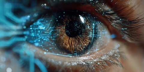 Close-up of human eye with digital technology interface overlay highlighting biometric scanning and futuristic cybernetic elements