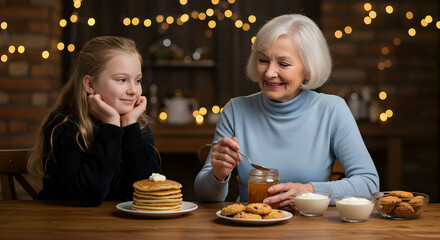 Grandmother and granddaughter enjoying a delightful pancake breakfast together, creating sweet memories in their cozy kitchen.