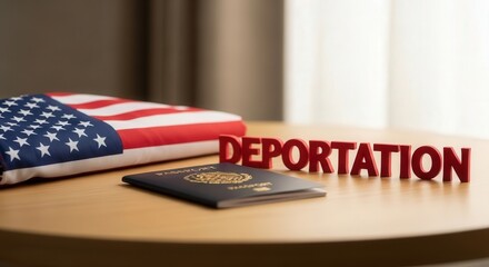Deportation Concept with American Flag and Passport on Table
