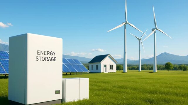 Smart home energy storage. Energy storage system with solar panel and wind turbine near house in green field under clear blue sky for sustainable power