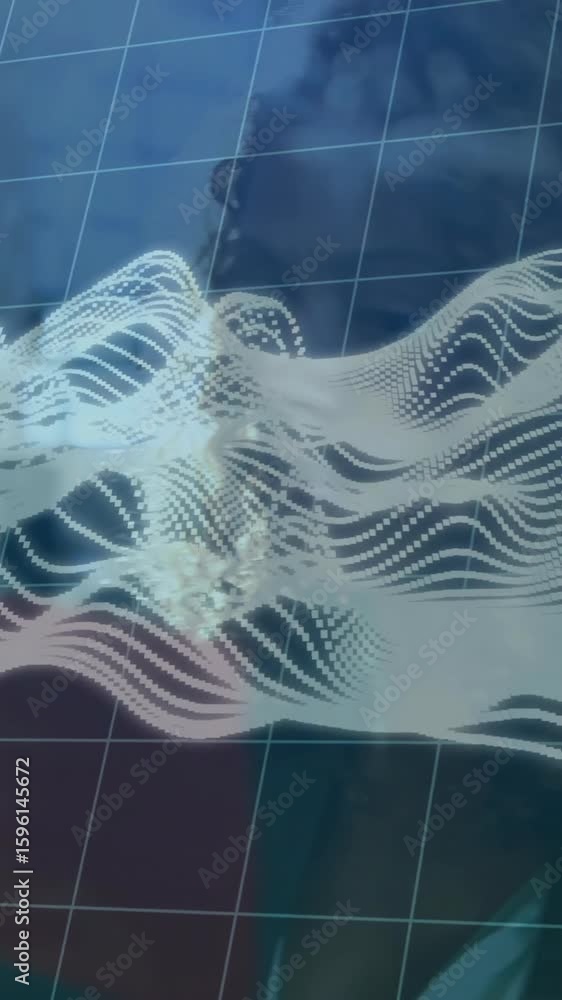 Poster in school, animation of abstract wave patterns and grid overlaying person