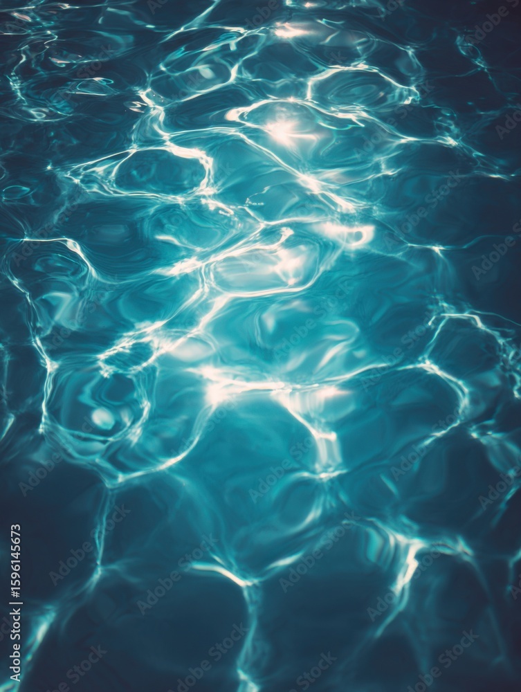 Poster crystal clear blue water surface with sunlight reflections creating natural light patterns and rippl