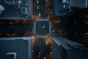 Fototapeta premium An aerial view captures a city intersection at night with buildings lit by artificial lights and passing vehicles