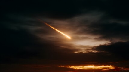 Colossal meteor blaze through atmosphere, fiery trail lights dark clouds, imminent impact on horizon